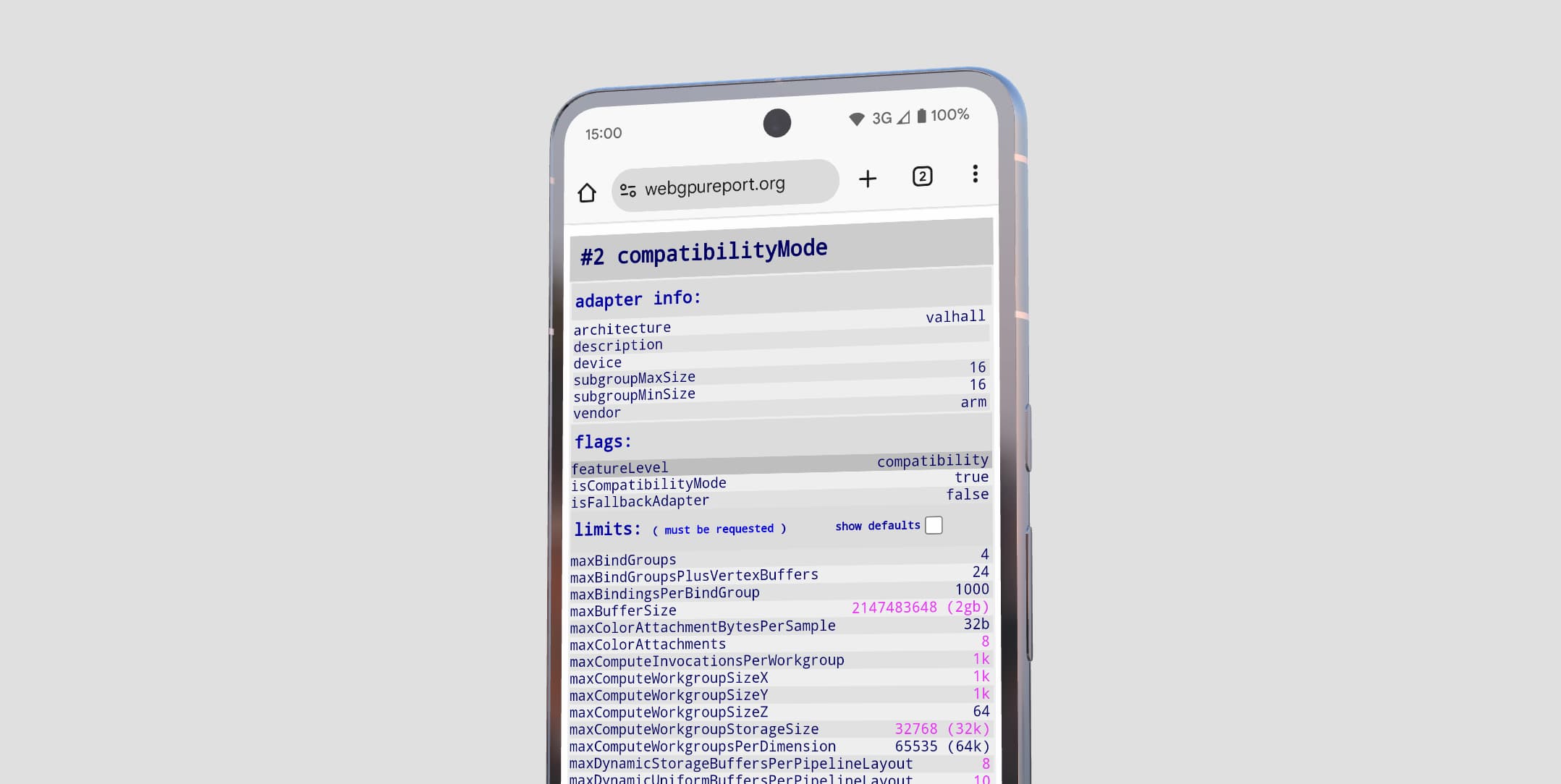 La page du rapport WebGPU affiche un GPUAdapter en mode compatibilité sur un appareil Android.