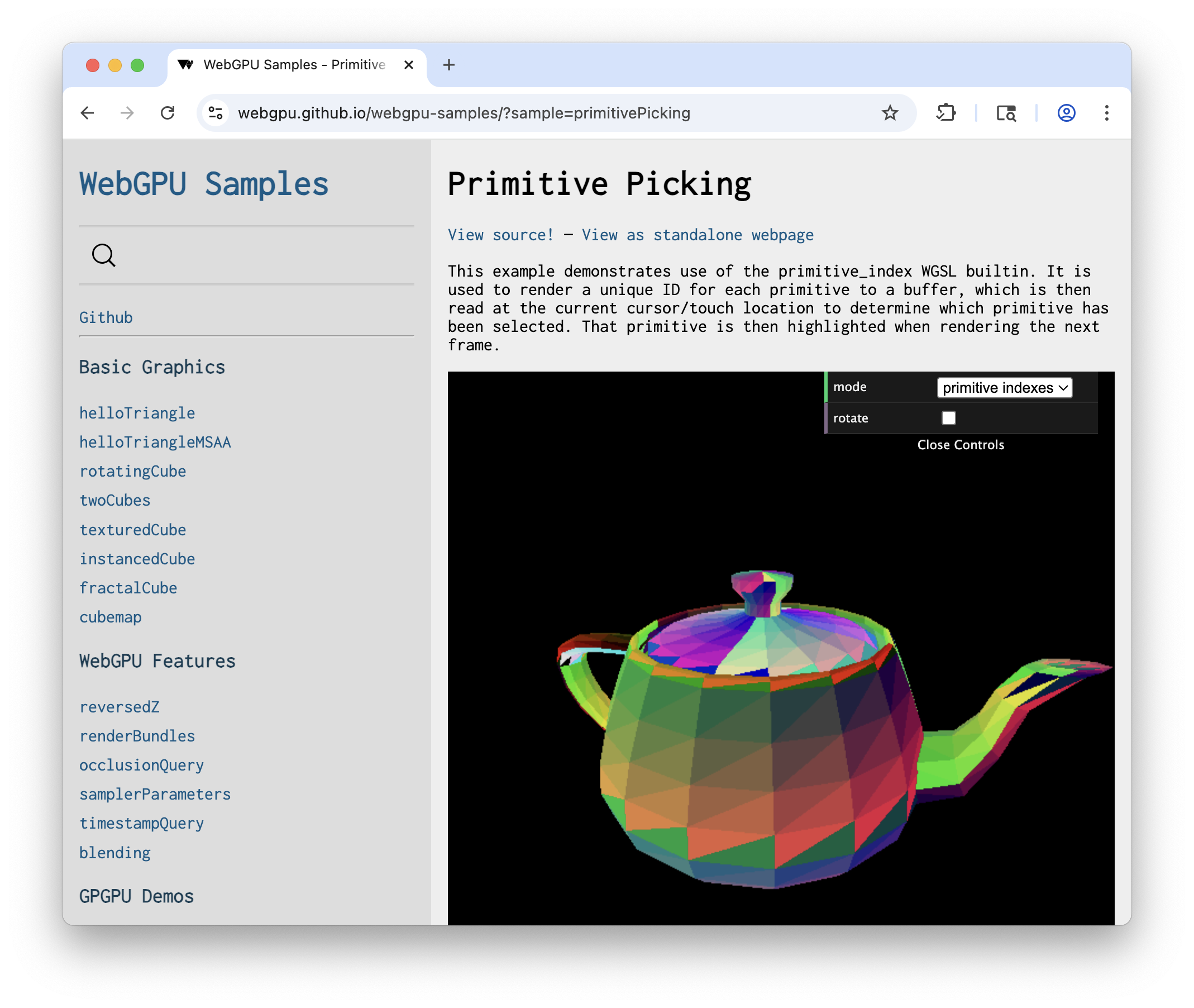 Die Dreiecke des 3D-Teekannenmodells sind entsprechend ihren primitiven Indexwerten gefärbt.
