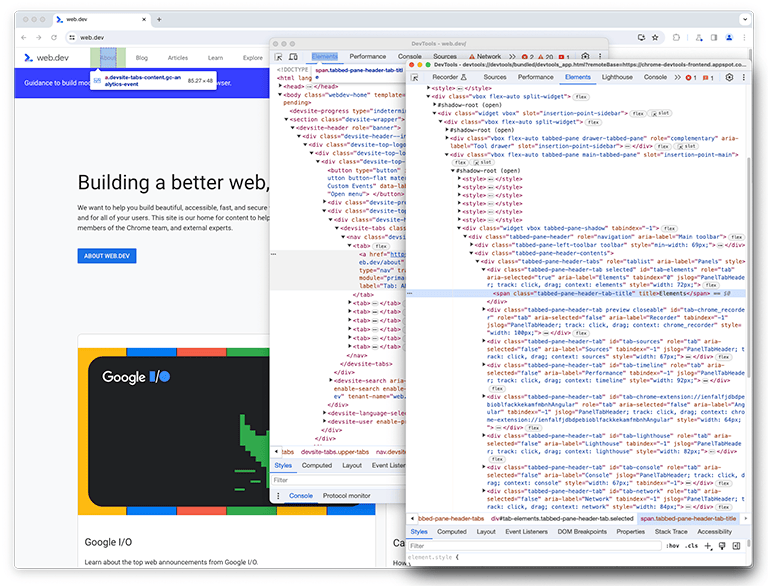 DevTools 自体の要素を検査している DevTools インスタンスのスクリーンショット。