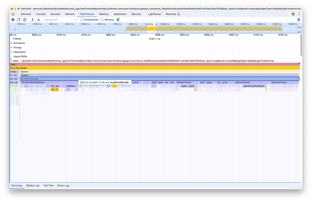 Screenshot panel performa di DevTools yang memeriksa instance panel performa lain. Tugas yang terkait dengan fungsi buildProfileCalls memerlukan waktu sekitar 0,5 detik.