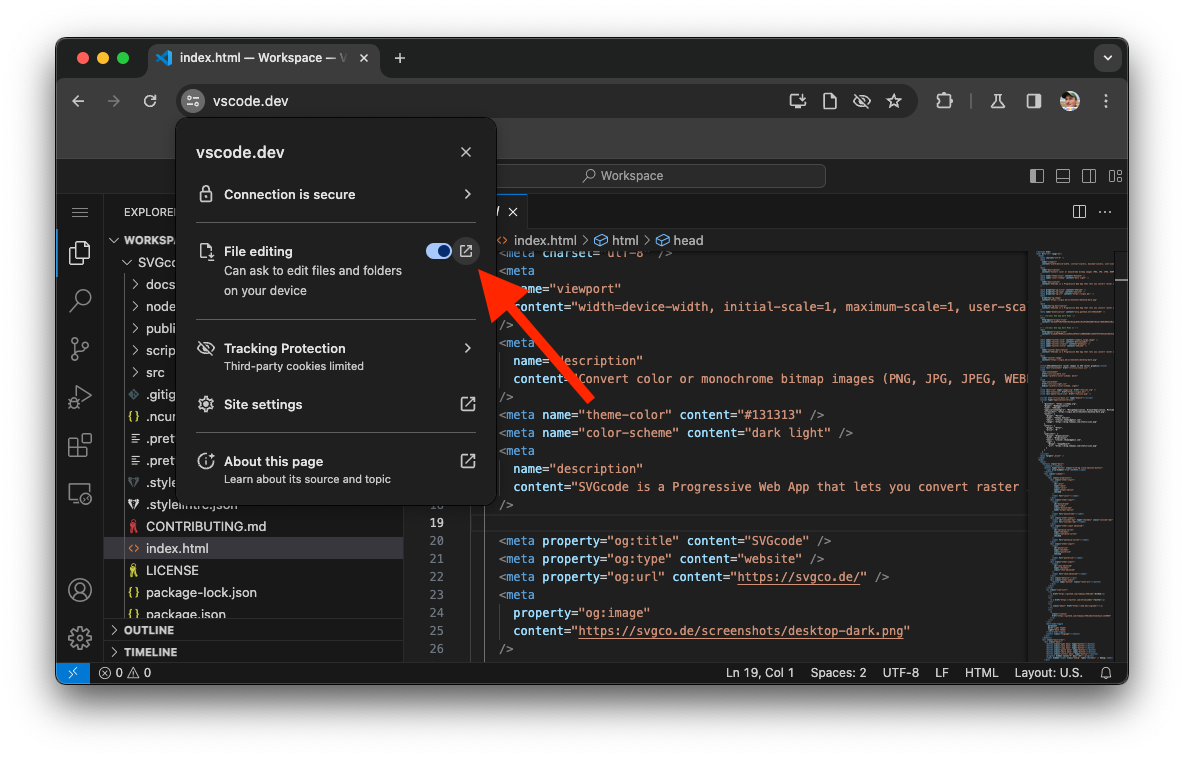 Dosya düzenleme simgesiyle Visual Studio Code site ayarları.