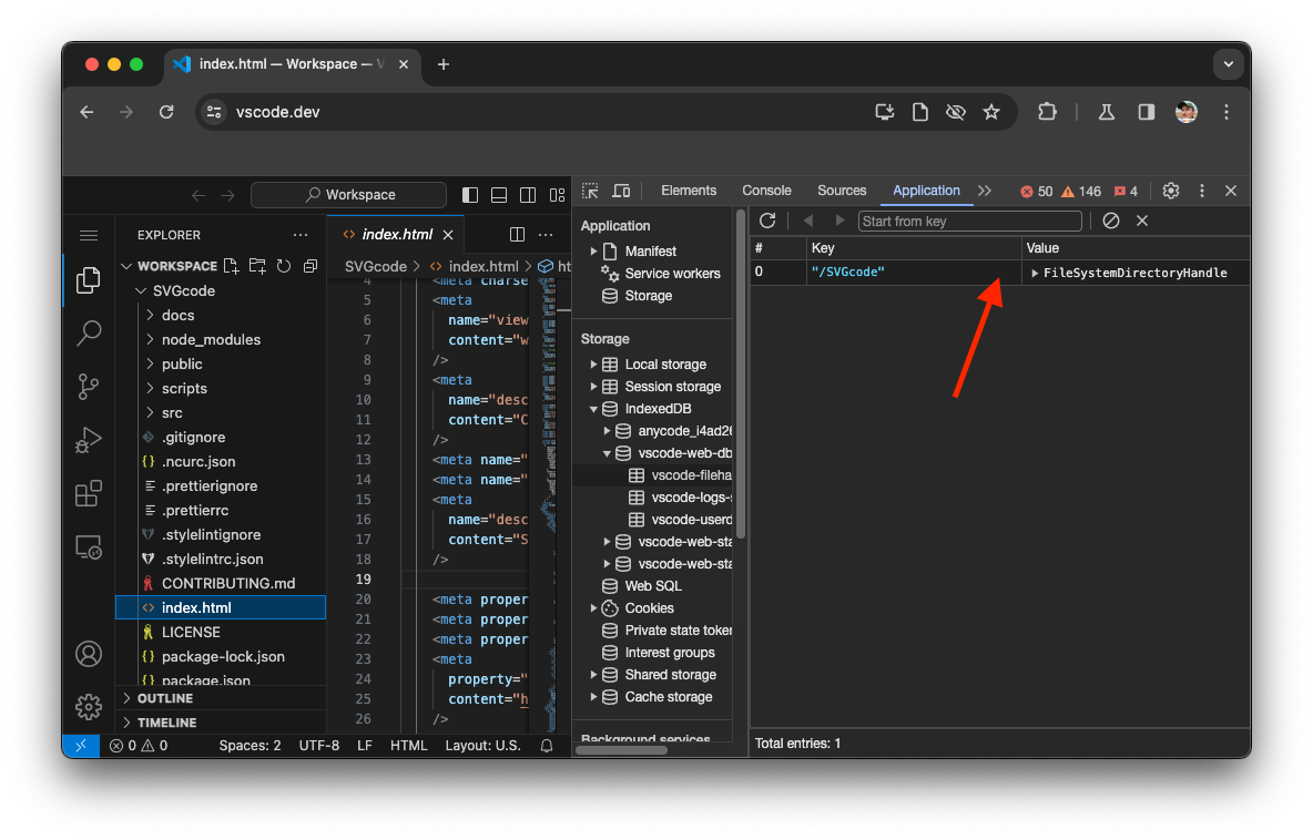 Chrome DevTools debugt Visual Studio Code met de IndexedDB-sectie met de opgeslagen FileSystemHandle.