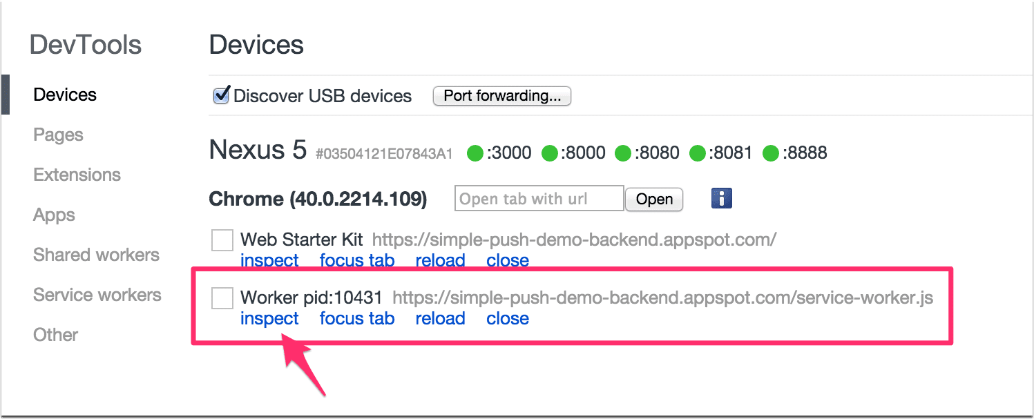 ภาพหน้าจอแสดงตําแหน่งที่มี Service Worker ใน Chrome Inspect