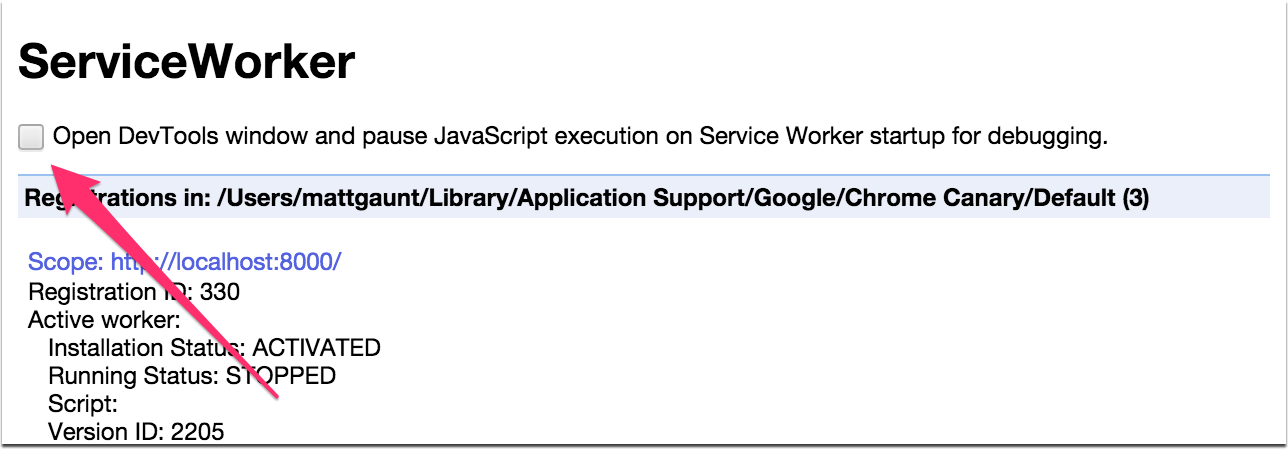 لقطة شاشة تعرض مكان مربّع الاختيار "إيقاف التنفيذ مؤقتًا" في serviceworker-internals