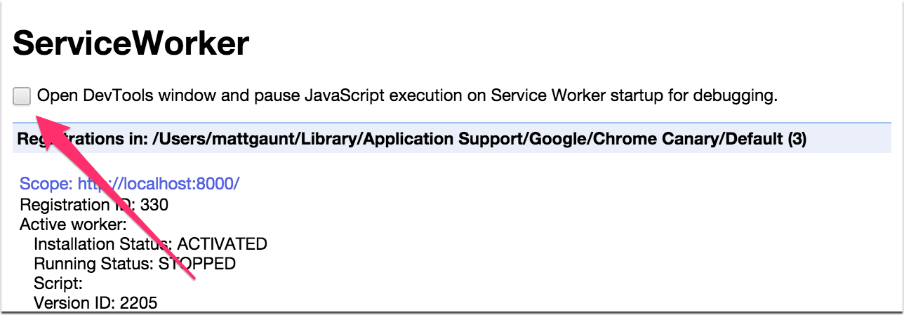 serviceworker-internals で実行の一時停止チェックボックスが表示されている場所を示すスクリーンショット。