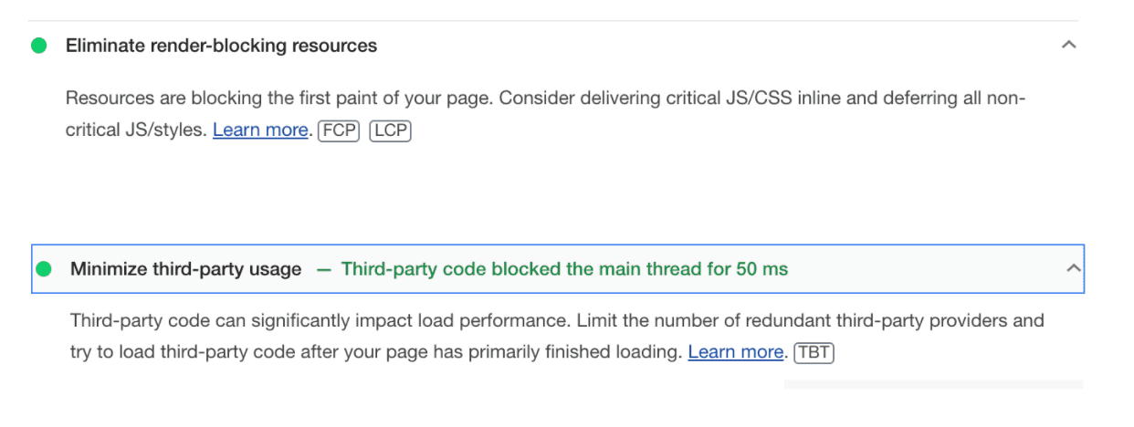 Lighthouse-audits voor het elimineren van render-blocking resources en het minimaliseren van het gebruik van derden