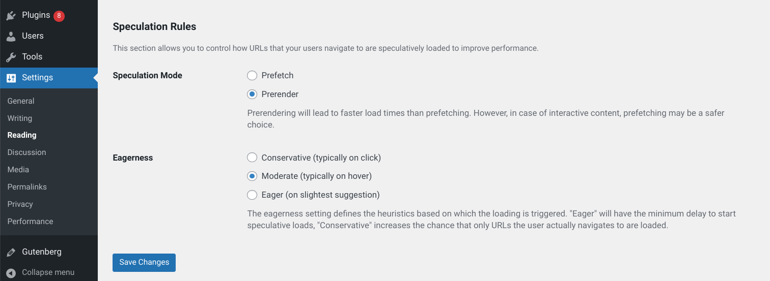 Screenshot of a WordPress Settings Reading panel with Speculation Rules settings. There are two options: Speculation Mode with option to Prefetch or Prerender, and an Eagerness setting with Conservative, Moderate, or Eager settings.