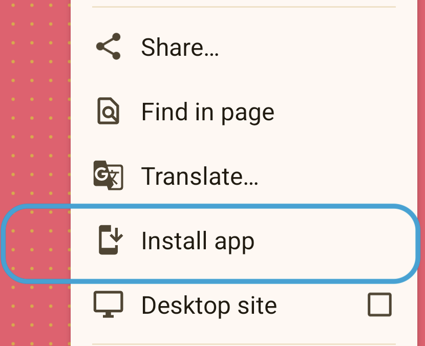 App ohne Service Worker-Implementierung, in der im Dreipunkt-Menü weiterhin die Option „App installieren“ angezeigt wird