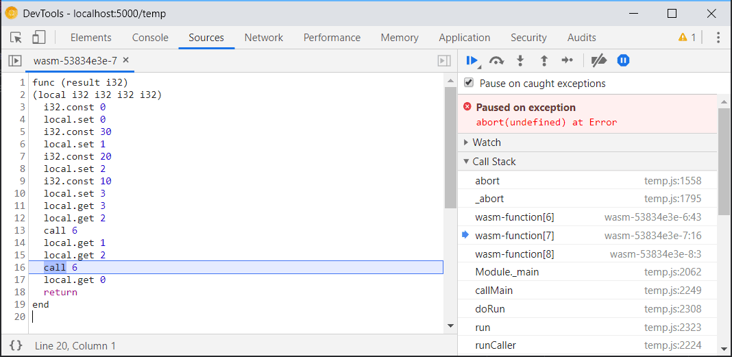 Capture d&#39;écran de la compatibilité limitée du débogage WebAssembly dans Chrome DevTools.