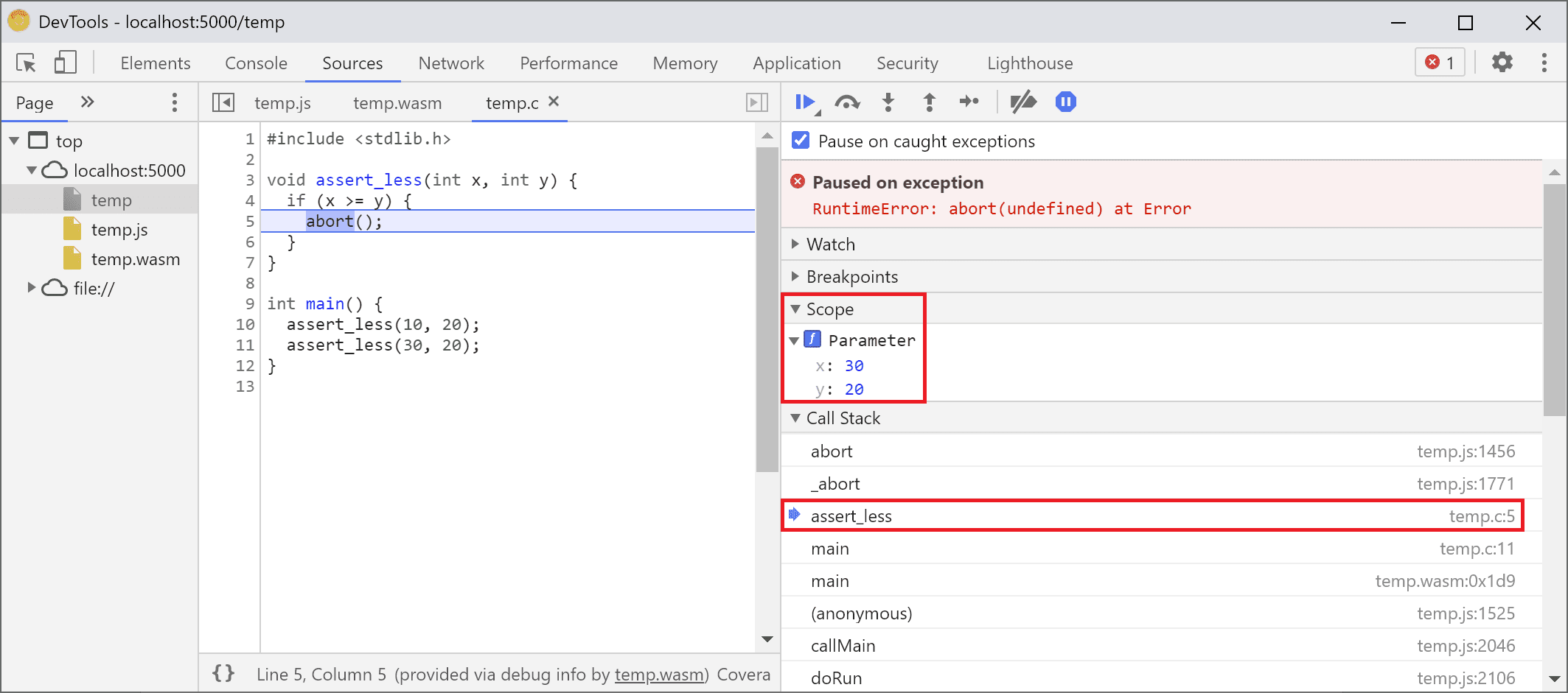 DevTools가 `assert_less` 함수에서 일시중지되고 범위 뷰에 `x` 및 `y` 값이 표시됨