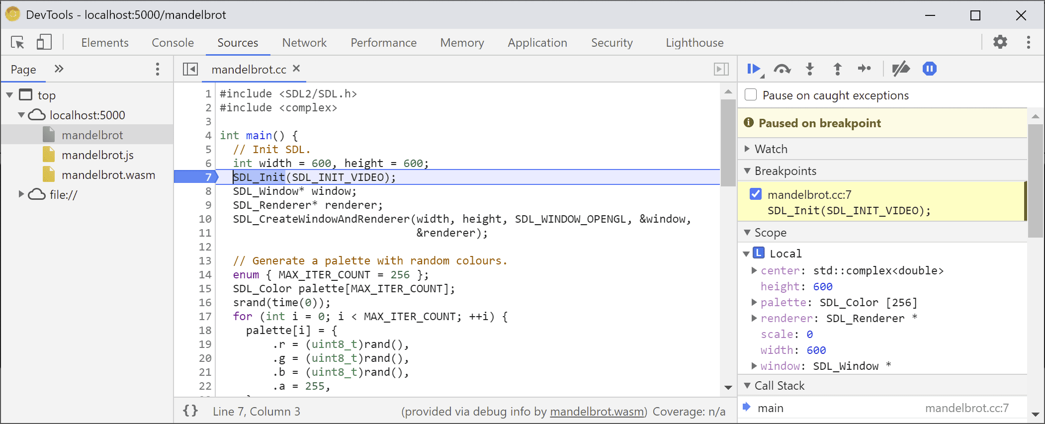 เครื่องมือสำหรับนักพัฒนาเว็บหยุดชั่วคราวที่การเรียกใช้ `SDL_Init`