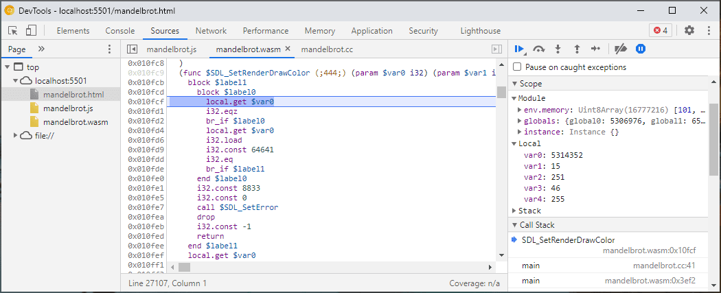 `mandelbrot.wasm`의 디스어셈블리 뷰를 보여주는 DevTools