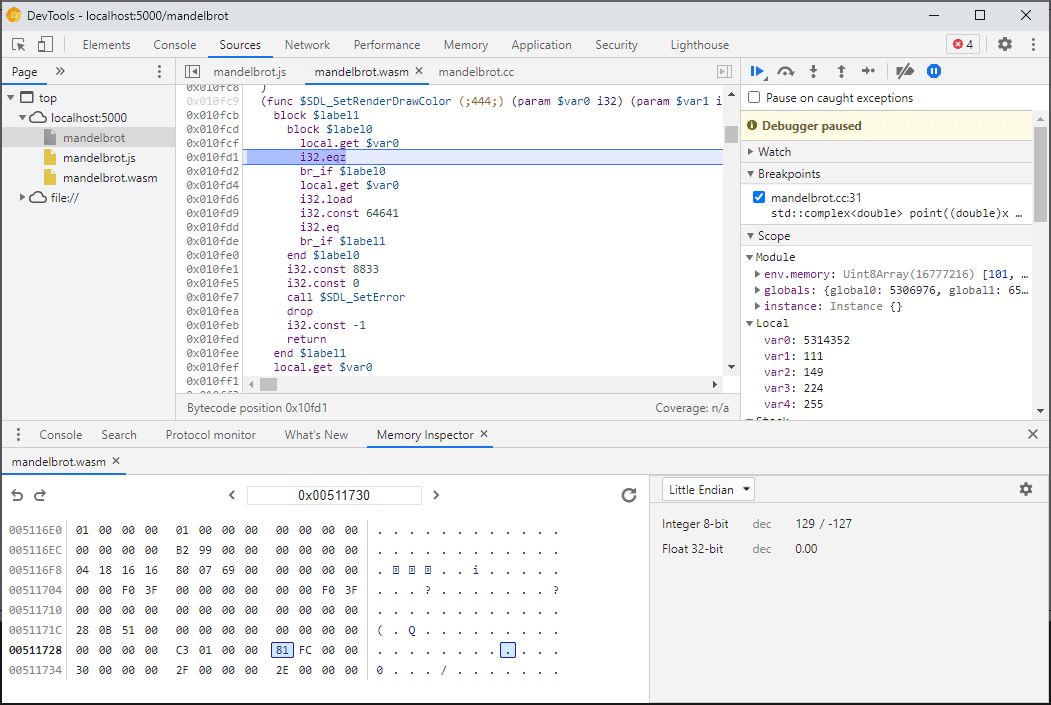 메모리의 16진수 및 ASCII 뷰를 보여주는 DevTools의 메모리 검사기 창