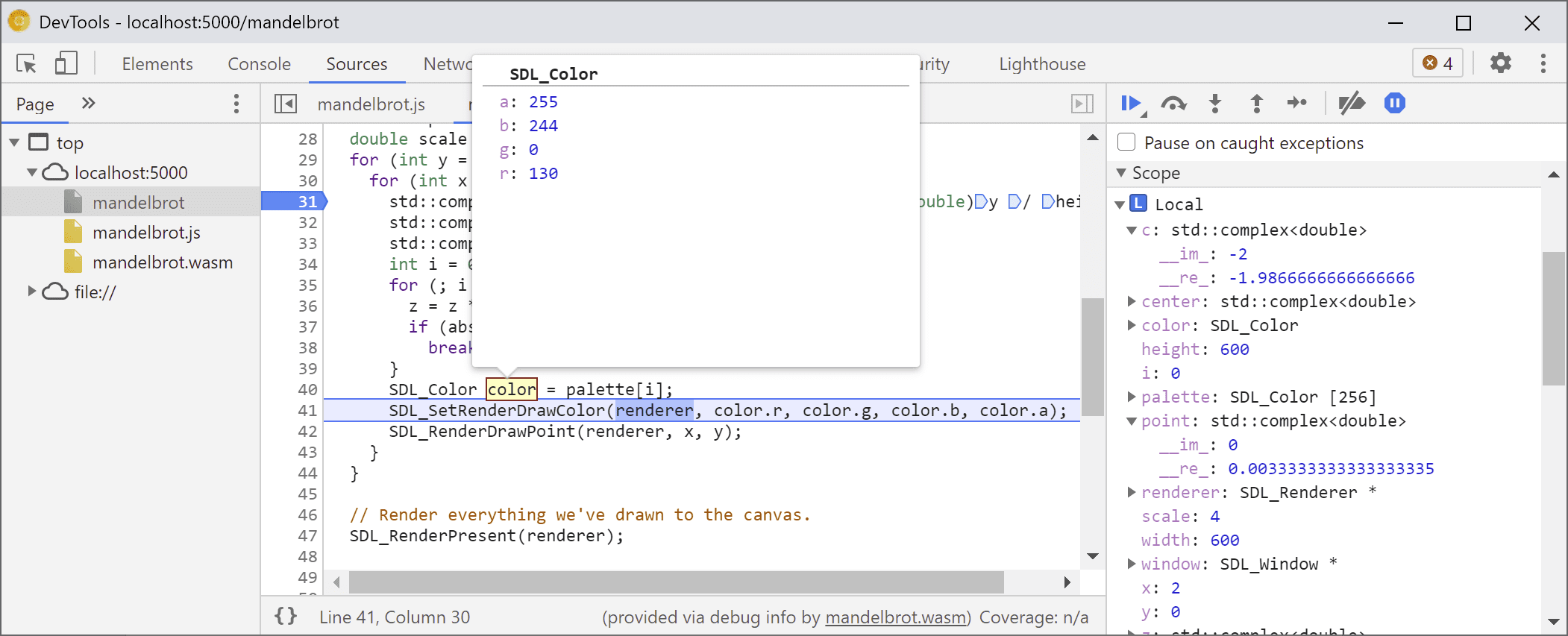 Tooltips and Scope view showing values of `color`, `point` and other variables