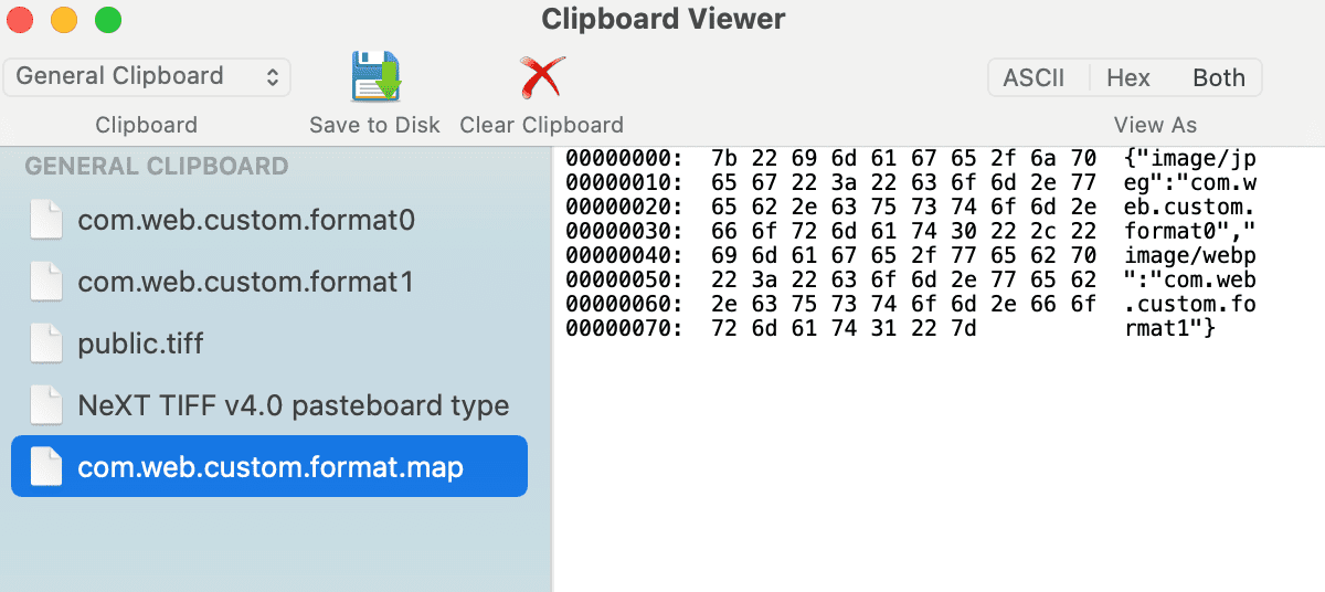 Clipboard expector di macOS yang menampilkan peta format kustom yang mencantumkan dua format kustom web.