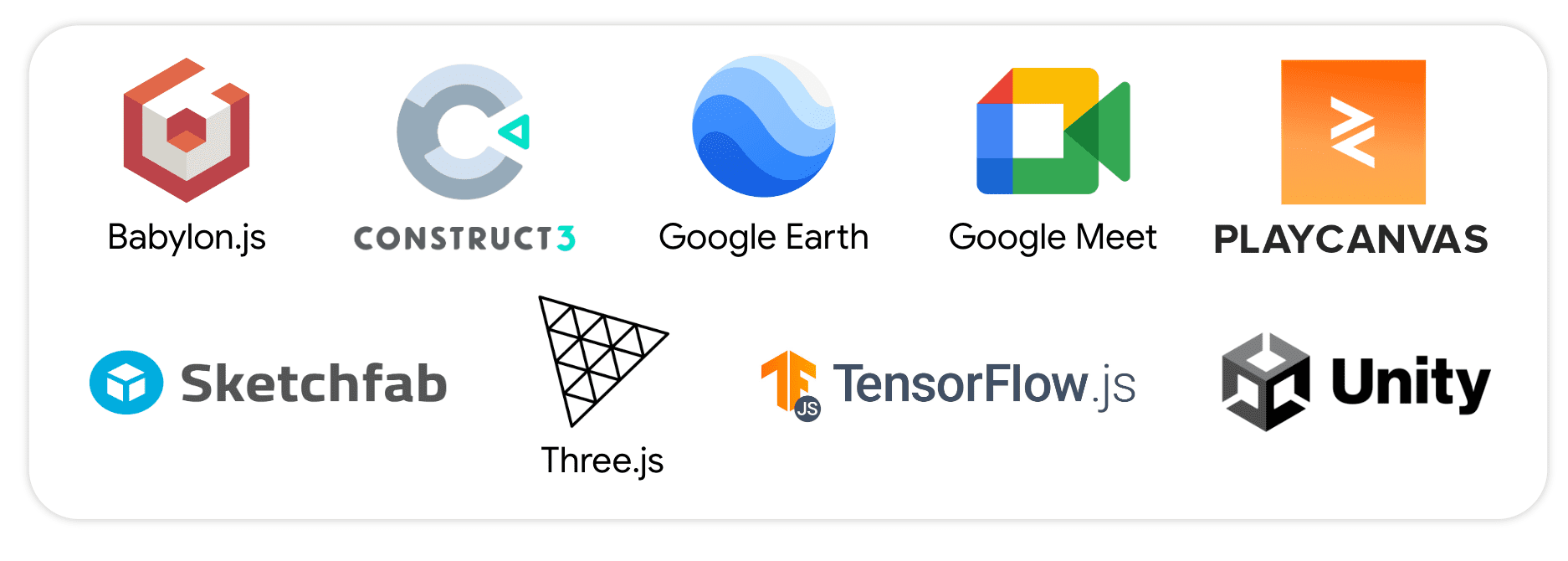 Babylon.js, Construct 3, Google Earth, Google Meet, PlayCanvas, Sketchfab, Three.JS, TensorFlow.js, Unity