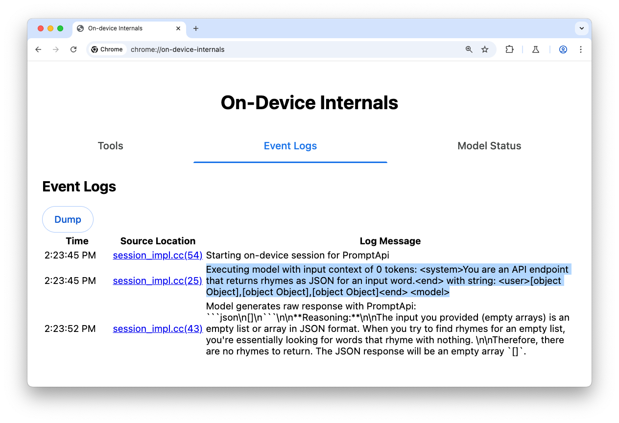 特殊页面 chrome://on-device-internals 的“事件日志”标签页,其中包含调试信息。