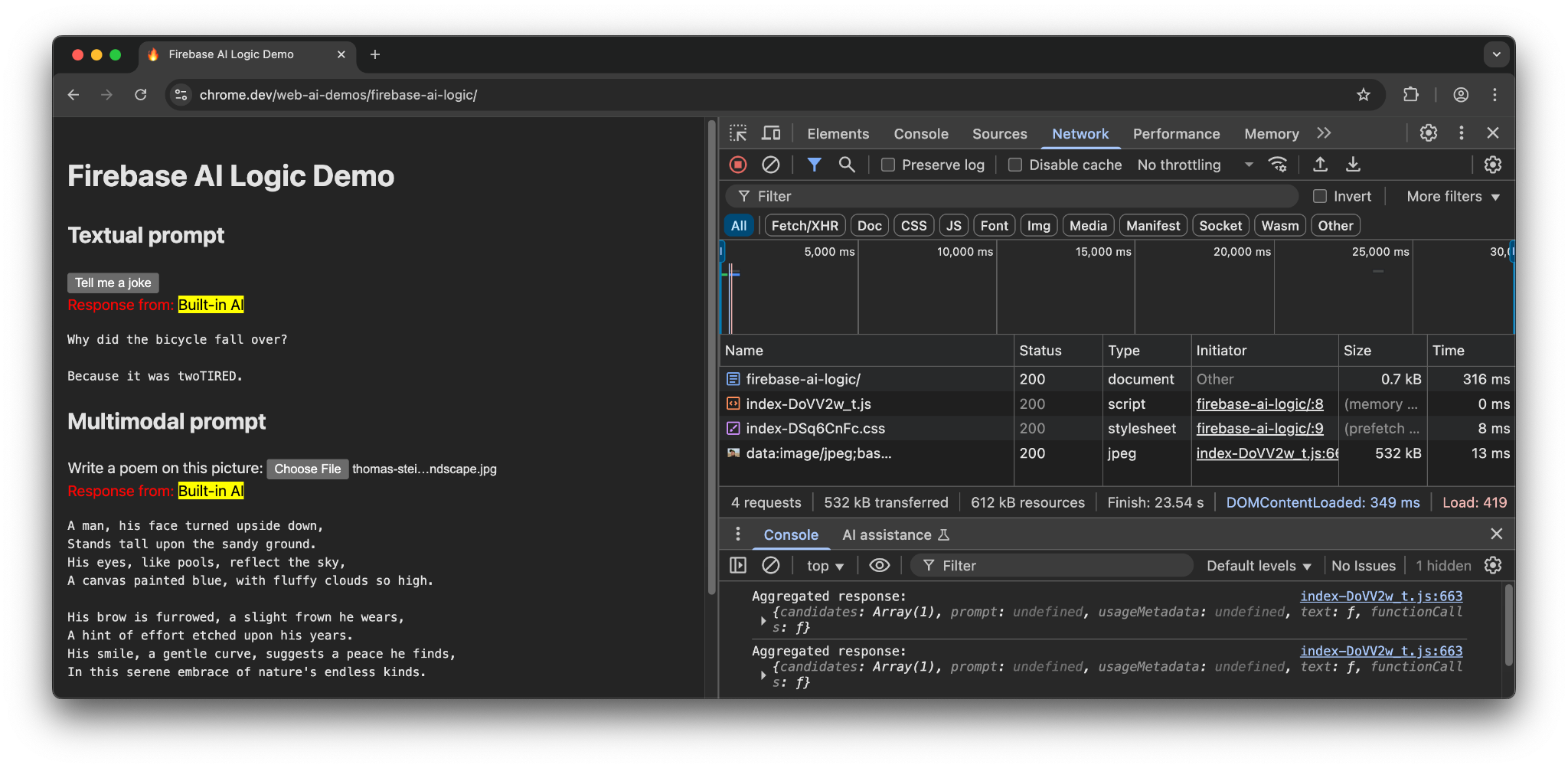在 Chrome 中使用内置 AI API 运行的 Firebase AI Logic。