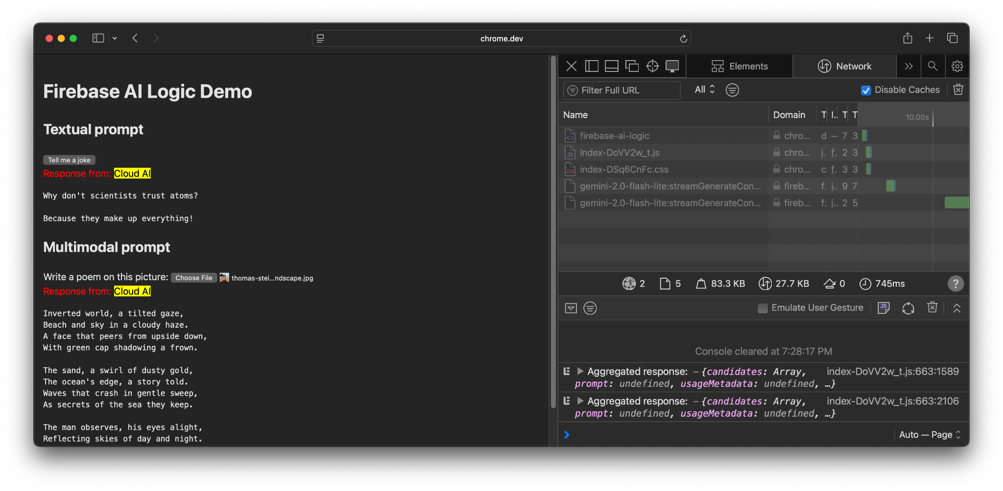 Safari में Firebase AI Logic चल रहा है और Firebase सर्वर से अनुरोध कर रहा है.