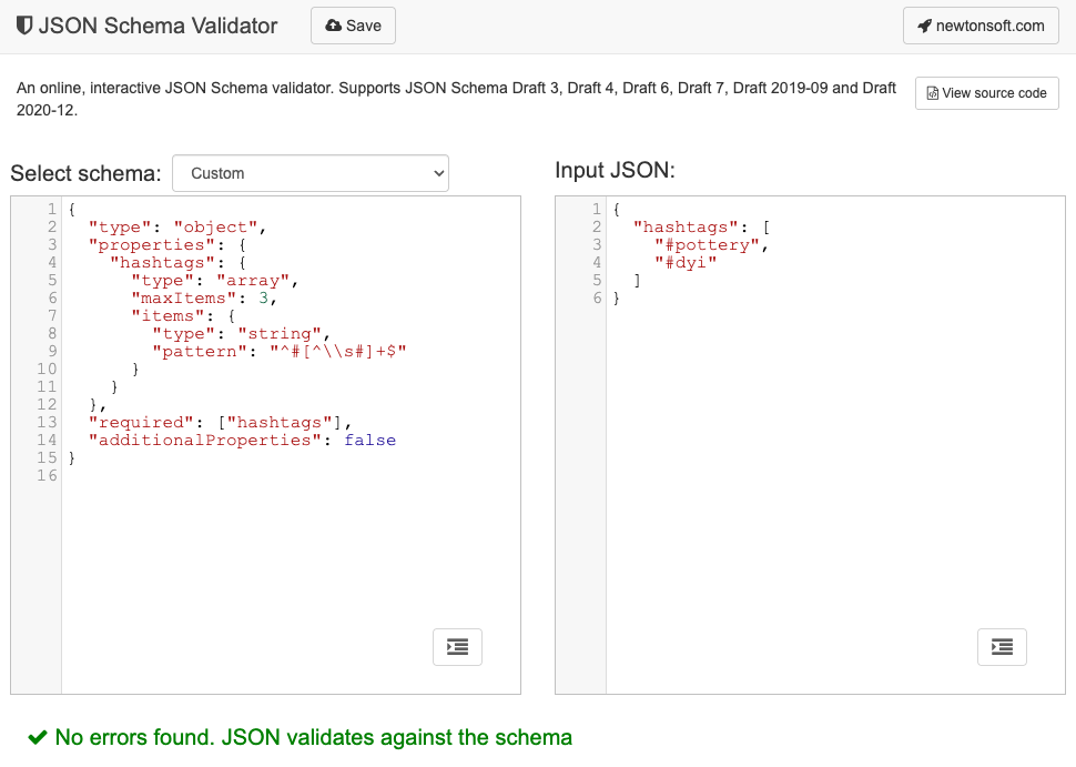 Prawidłowe zweryfikowanie obiektu JSON na podstawie schematu JSON w walidatorze schematów JSON.