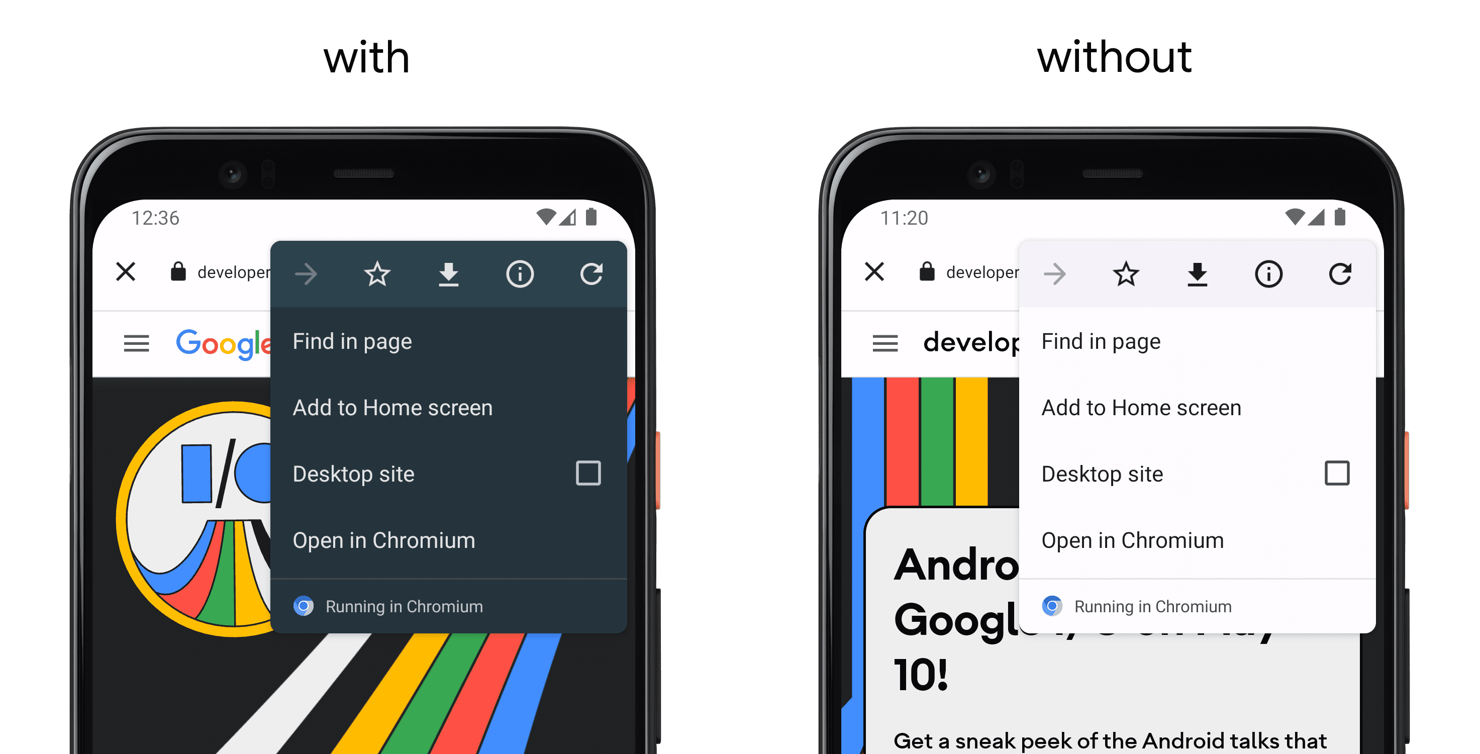 A sinistra, uno smartphone che mostra un&#39;app che utilizza setColorScheme() e a destra un altro smartphone senza l&#39;API