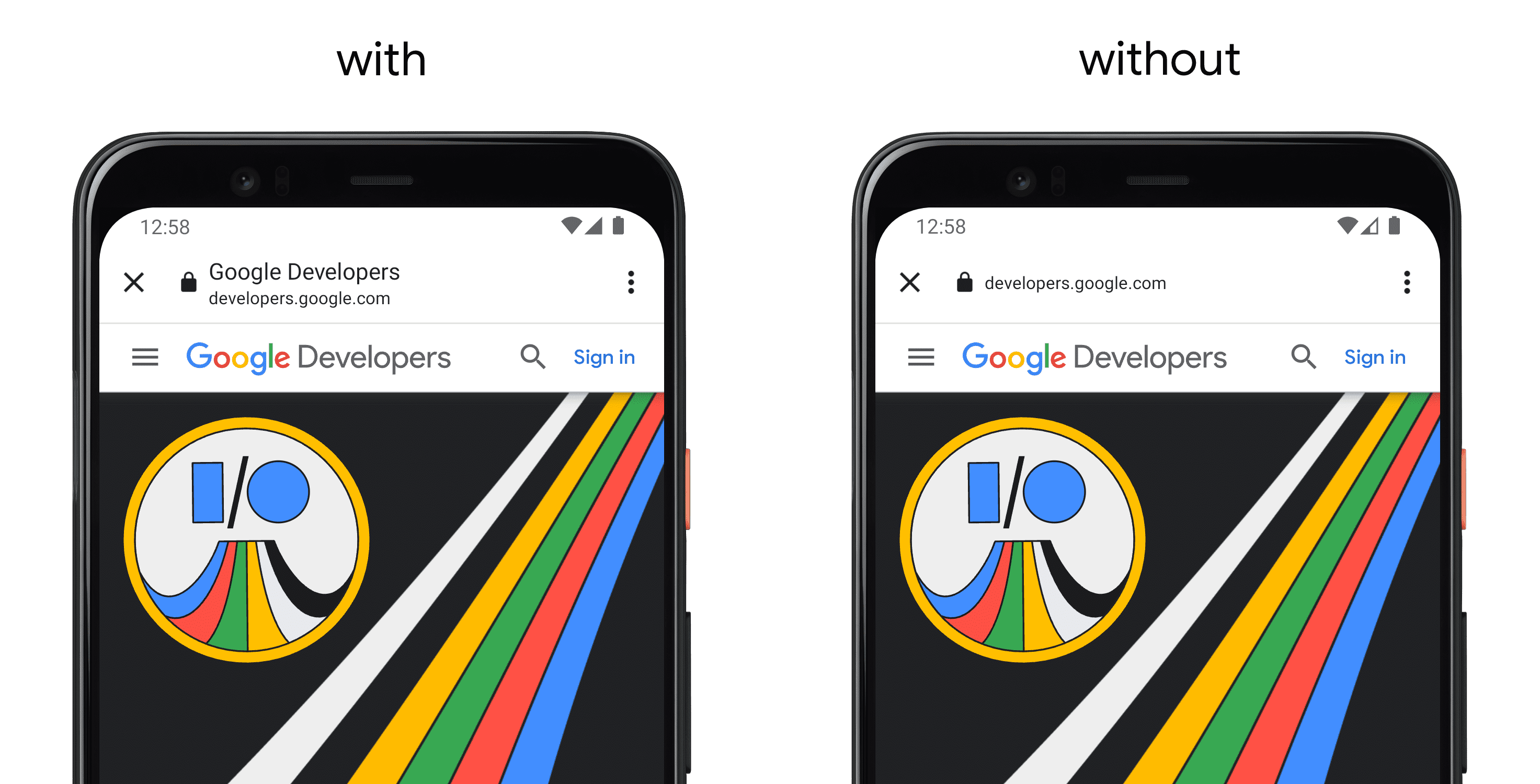 On the left, a phone showing an app using setShareState(), and on the right a separate phone without the API