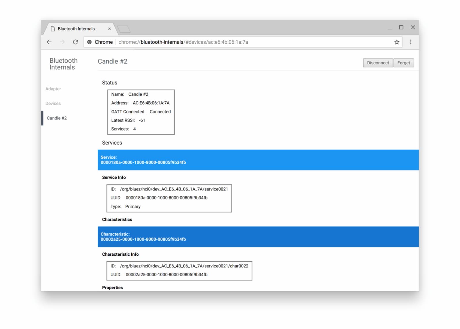 Screenshot della pagina interna per il debug del Bluetooth in Chrome