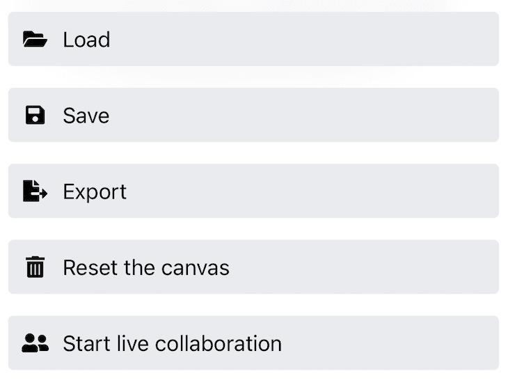 Toolbar aplikasi Excalidraw di iPhone hanya dengan tombol &#39;Save&#39;.
