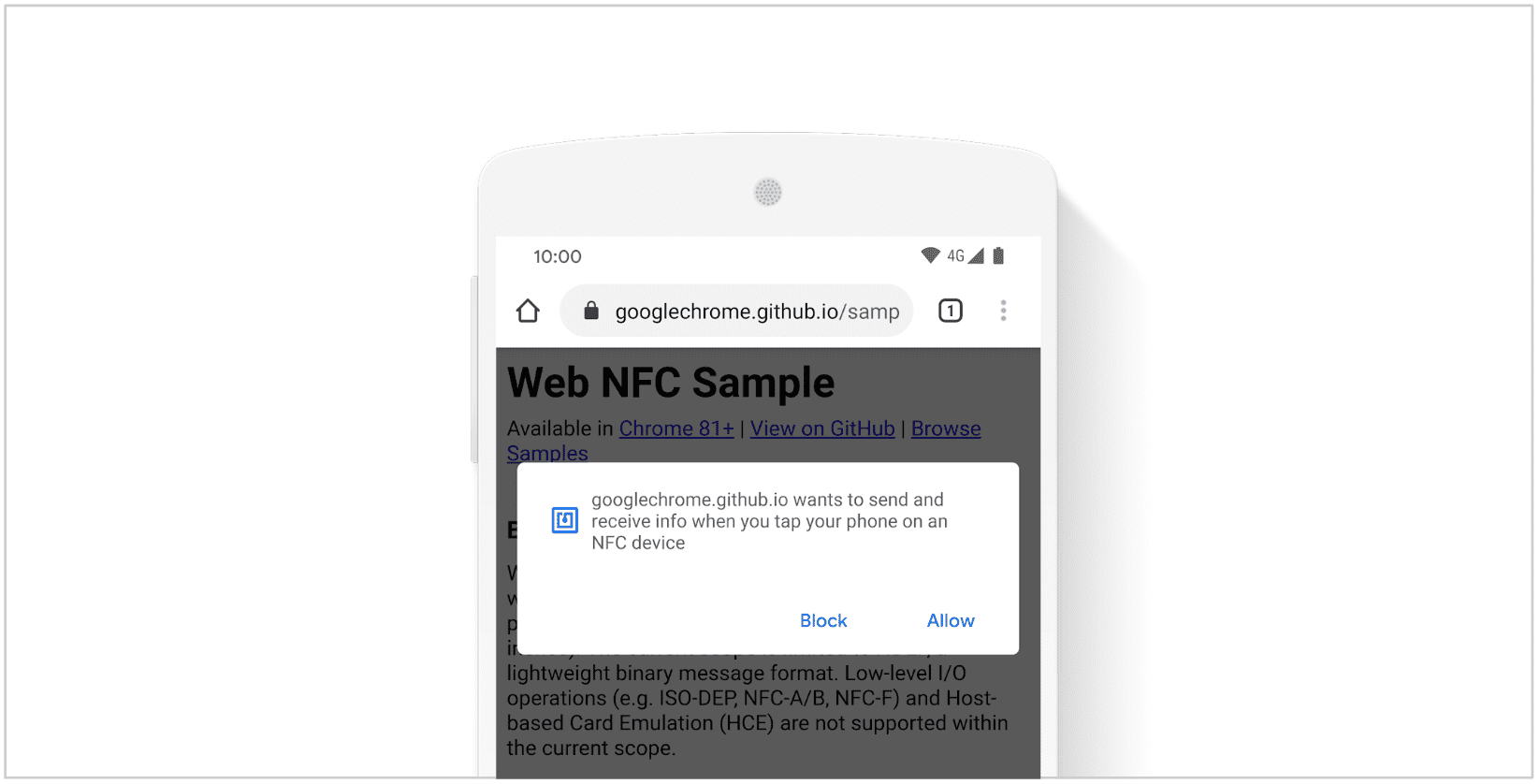 ウェブサイト上のウェブ NFC プロンプトのスクリーンショット