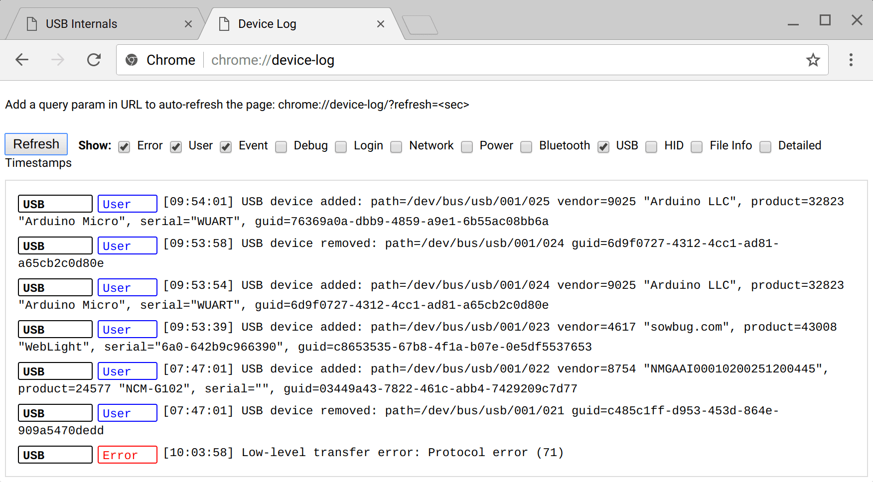 Chrome&#39;da WebUSB&#39;de hata ayıklama için cihaz günlük sayfasının ekran görüntüsü