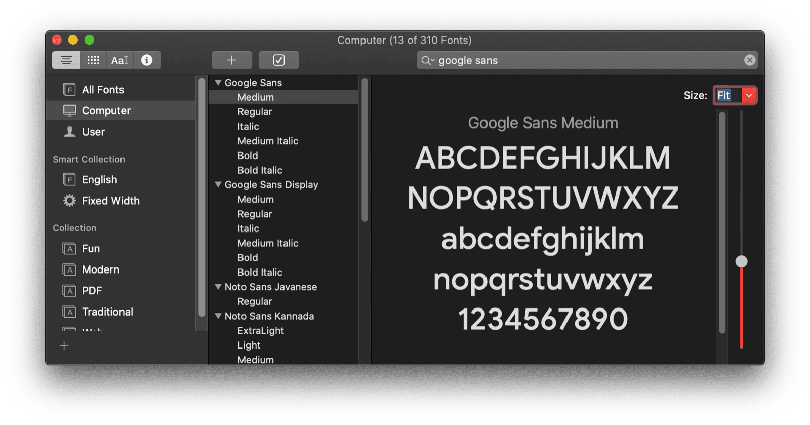 L&#39;app Font Book di macOS che mostra un&#39;anteprima del carattere Google Sans.