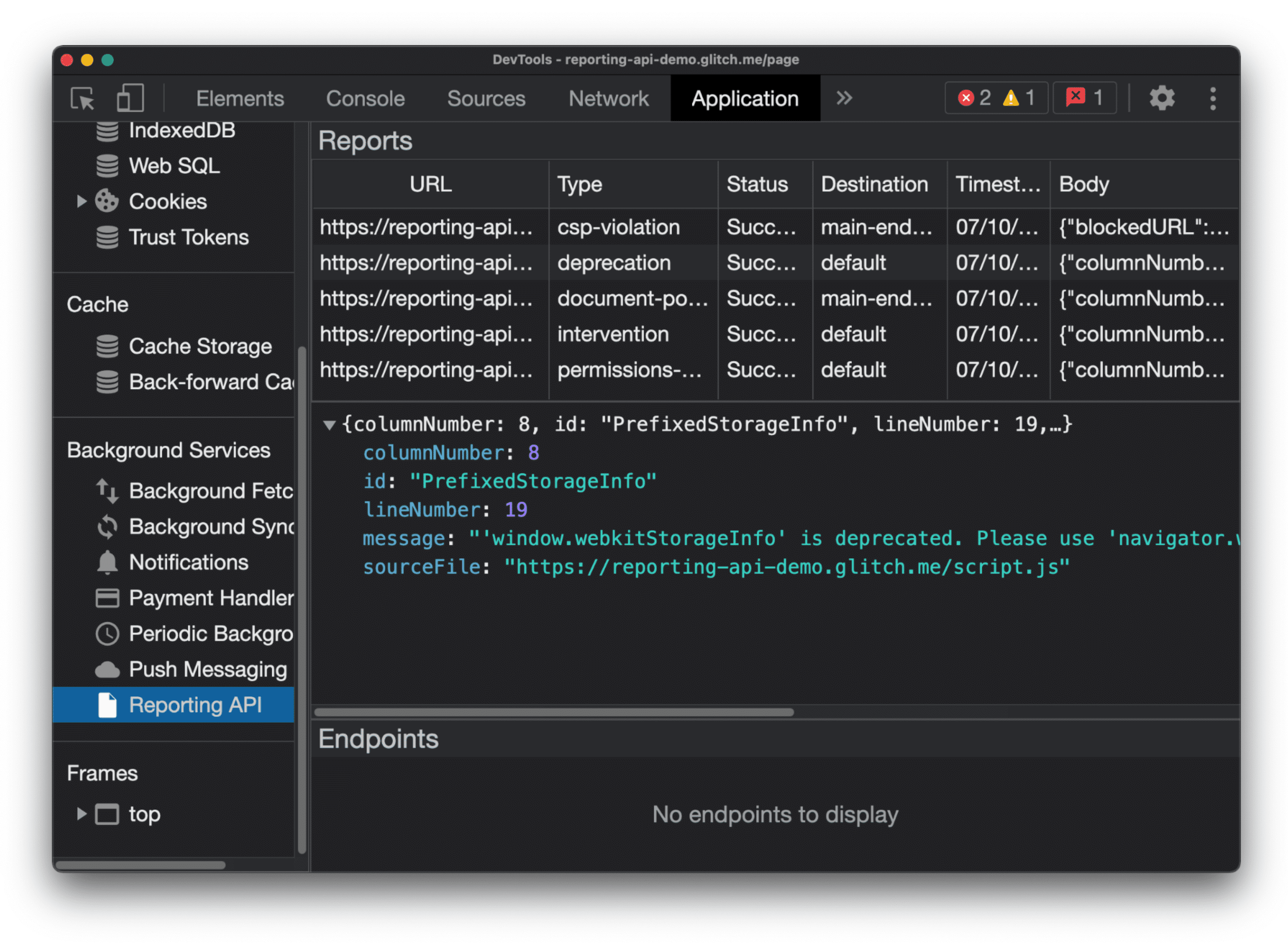 Captura de tela do DevTools com a lista de relatórios