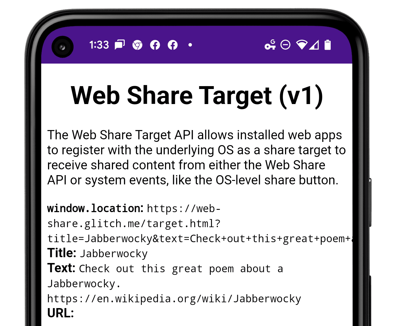 Телефон Android, на котором отображается демонстрационное приложение с общим контентом.