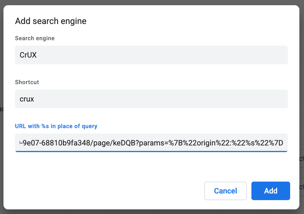 Chrome の [検索エンジンを追加] ダイアログ。検索エンジン名、ショートカット、URL（%s はクエリの代わりに使用）の 3 つのフィールドがあります。