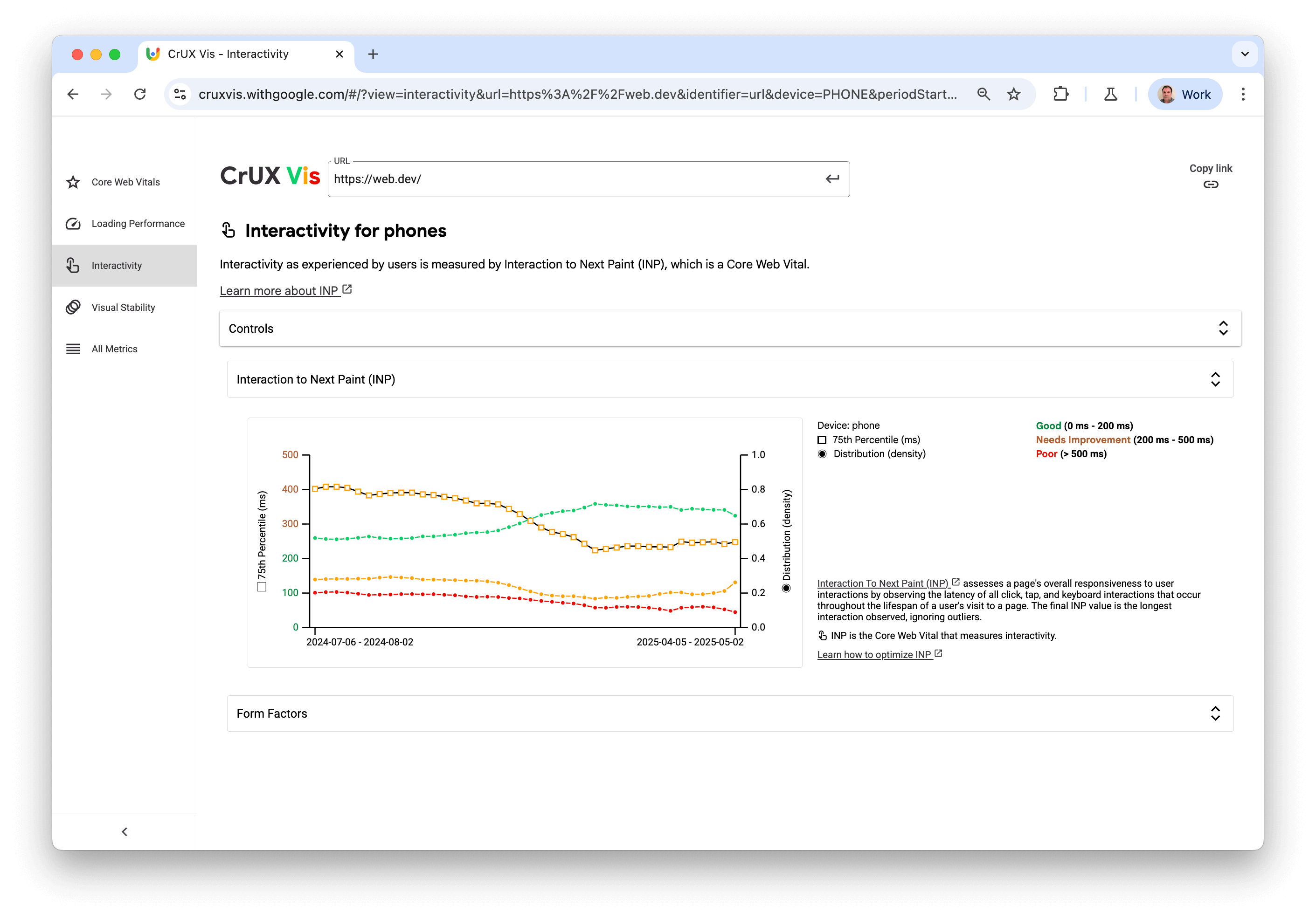 Interactivity page of CrUX Vis showing a number of sections with the LCP section open.