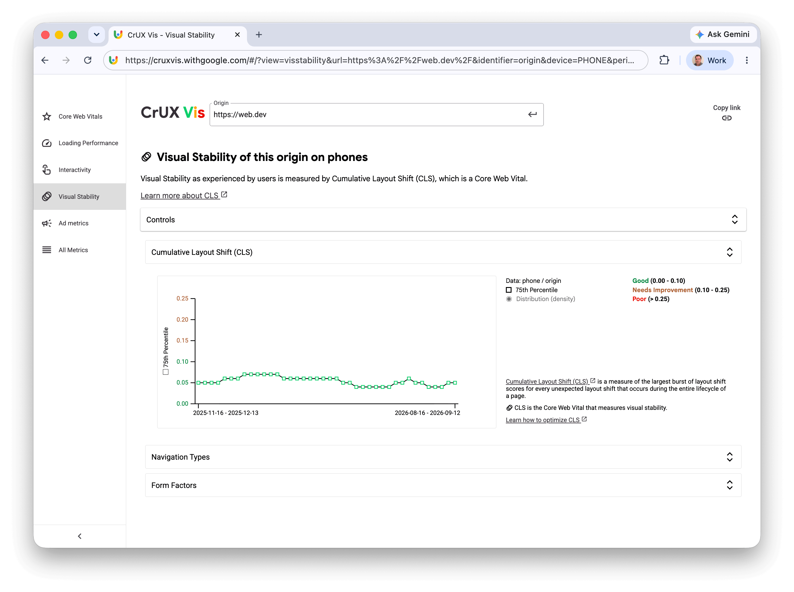 CrUX Vis の視覚的安定性のページ。複数のセクションが表示され、LCP セクションが開いている。
