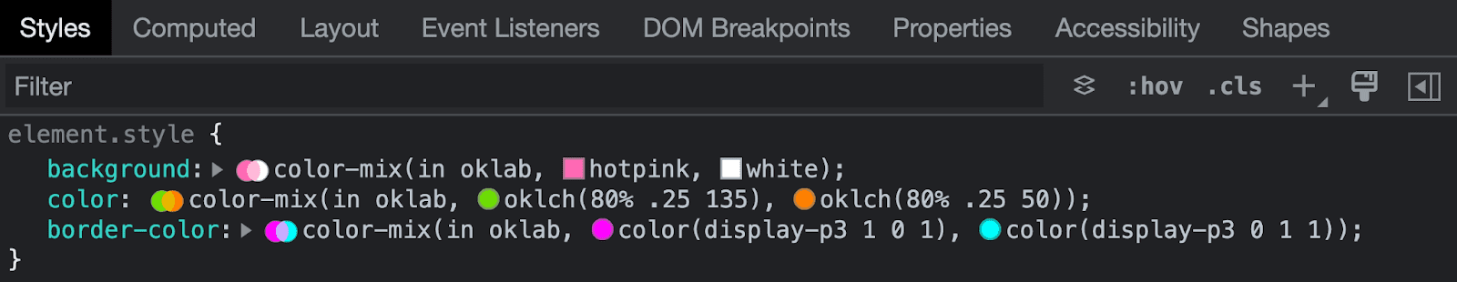 Chrome DevTools memeriksa sintaksis campuran warna.