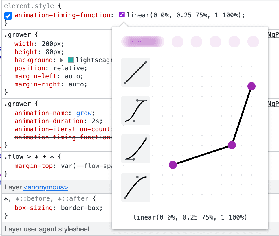 Zrzut ekranu przedstawiający edytor funkcji linear() w Narzędziach deweloperskich w Chrome