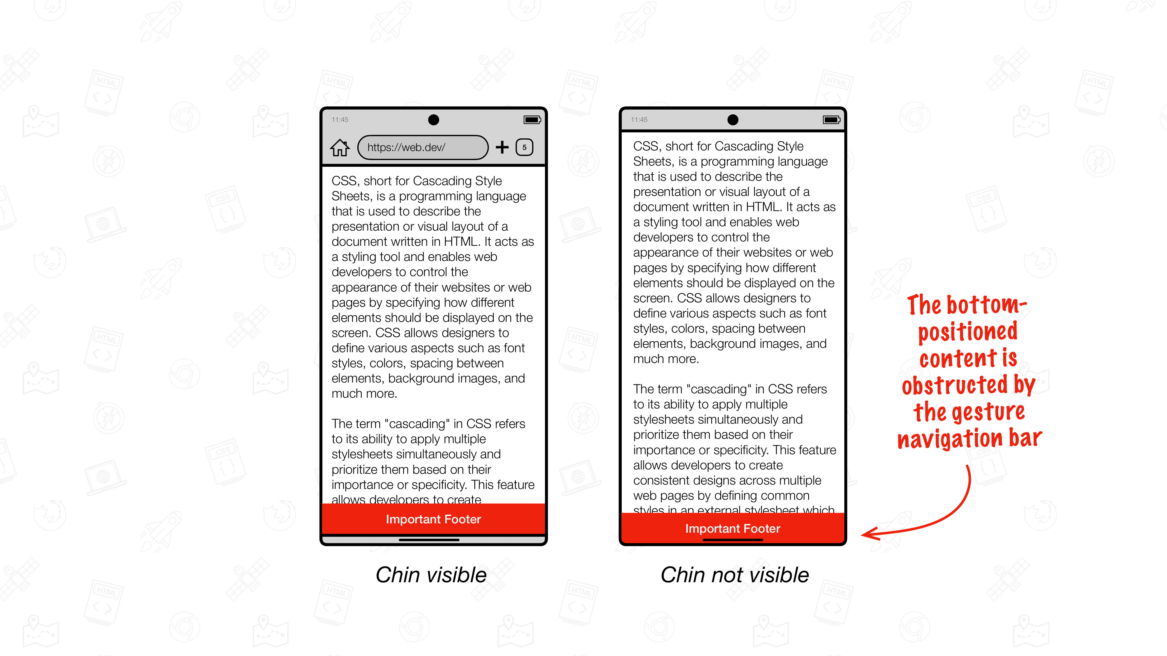 エッジからエッジまで Chrome on Android が表示されている Android デバイスのイラスト。左側のイラストは、Chrome の下部が見える状態を示しています。下部アンカーのコンテンツ（赤色）は、その上に配置されます。右側のイラストは、あごが見えていない Chrome を示しています。下部アンカーのコンテンツは、デバイスの下端に配置されます。それに伴い、下部に配置されたコンテンツがジェスチャー ナビゲーション バーによって遮られるようになったことを明確に示すテキストが表示されます。