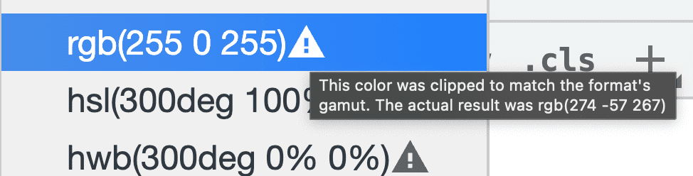 Capture d&#39;écran de la coupure de la gamme de couleurs dans les outils de développement, avec une icône d&#39;avertissement à côté de la couleur.