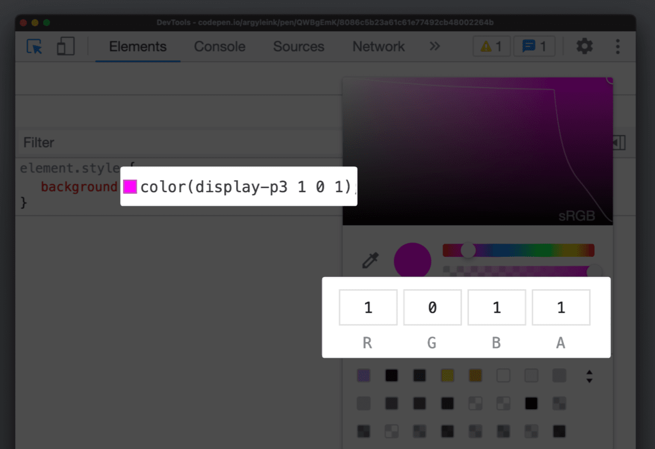 DevTools toont display-p3-kleurondersteuning.