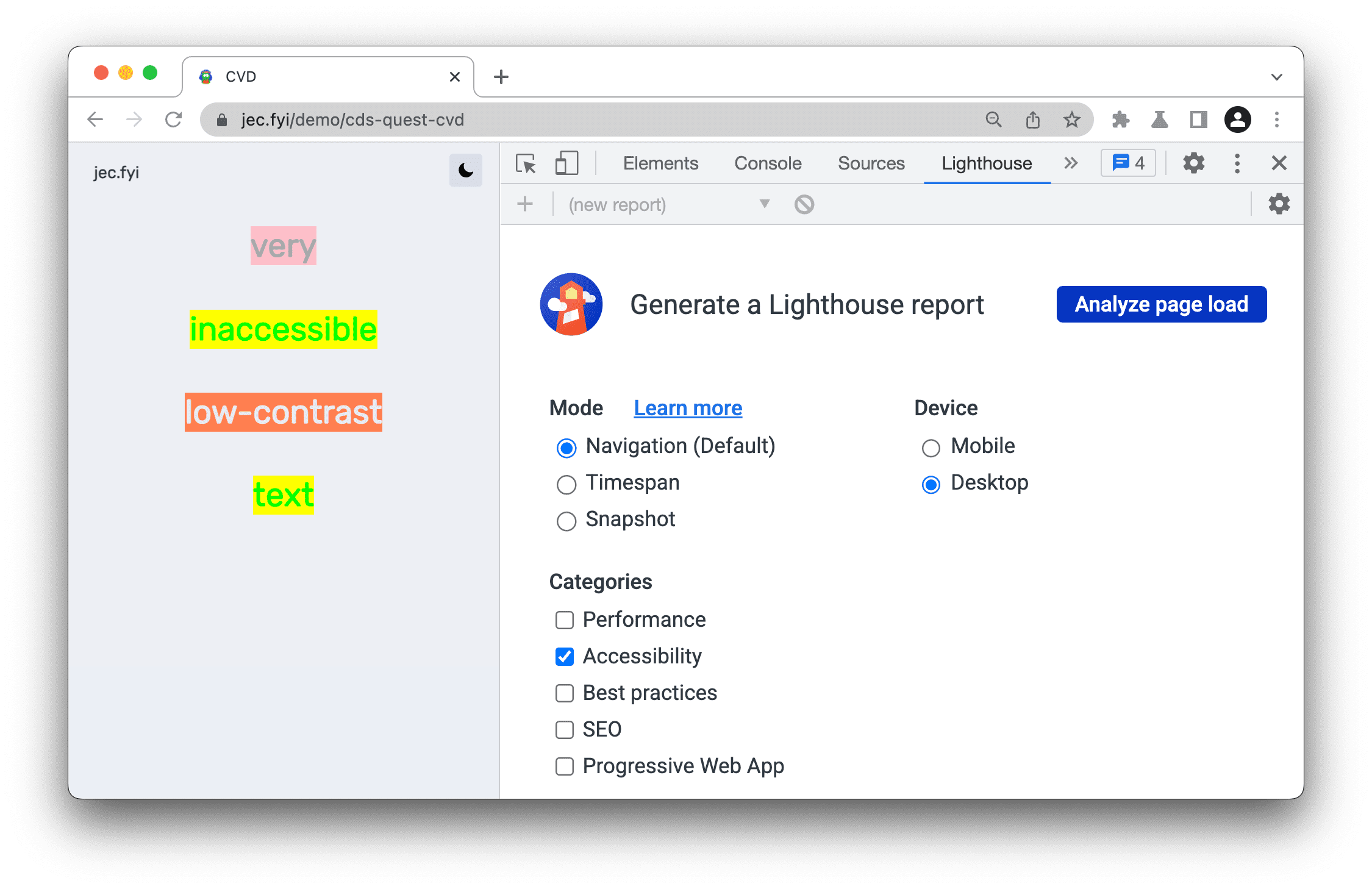 Отчет Lighthouse с настройками навигации, специальных возможностей и рабочего стола.