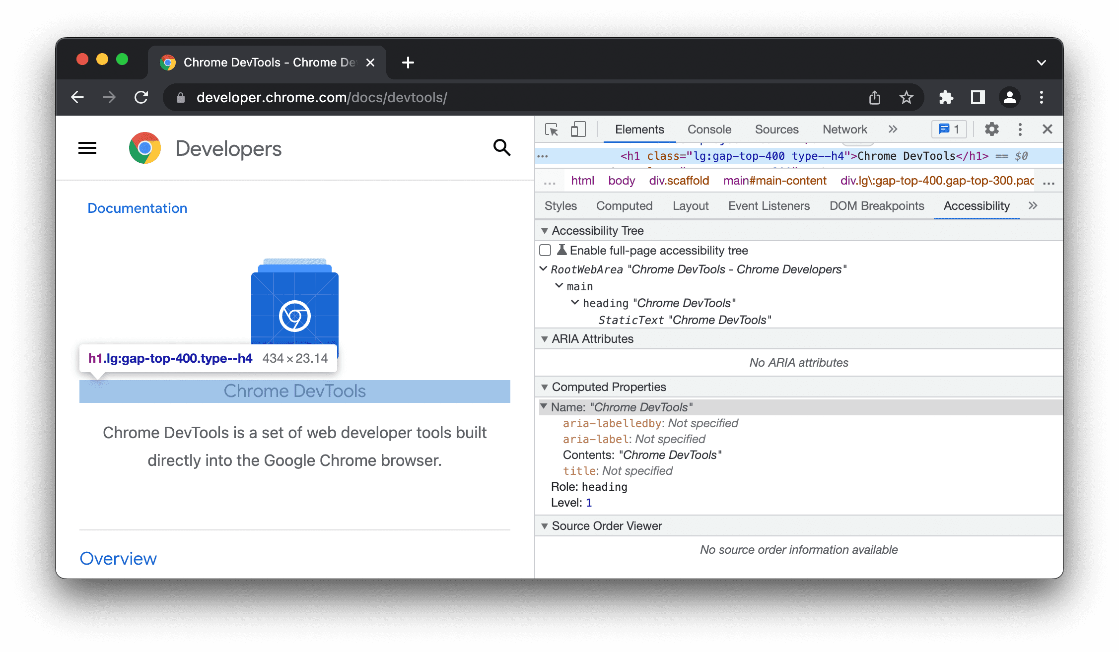 접근성 탭에서 DevTools 홈페이지의 h1 요소를 검사합니다.