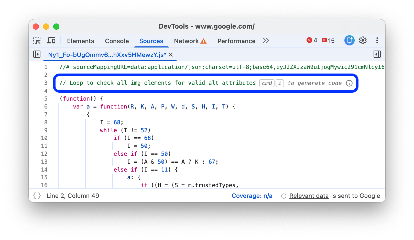 JavaScript yorumunda kod oluşturma istemi.