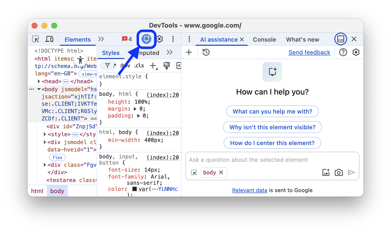 The AI assistance button on the top right of the DevTools toolbar.