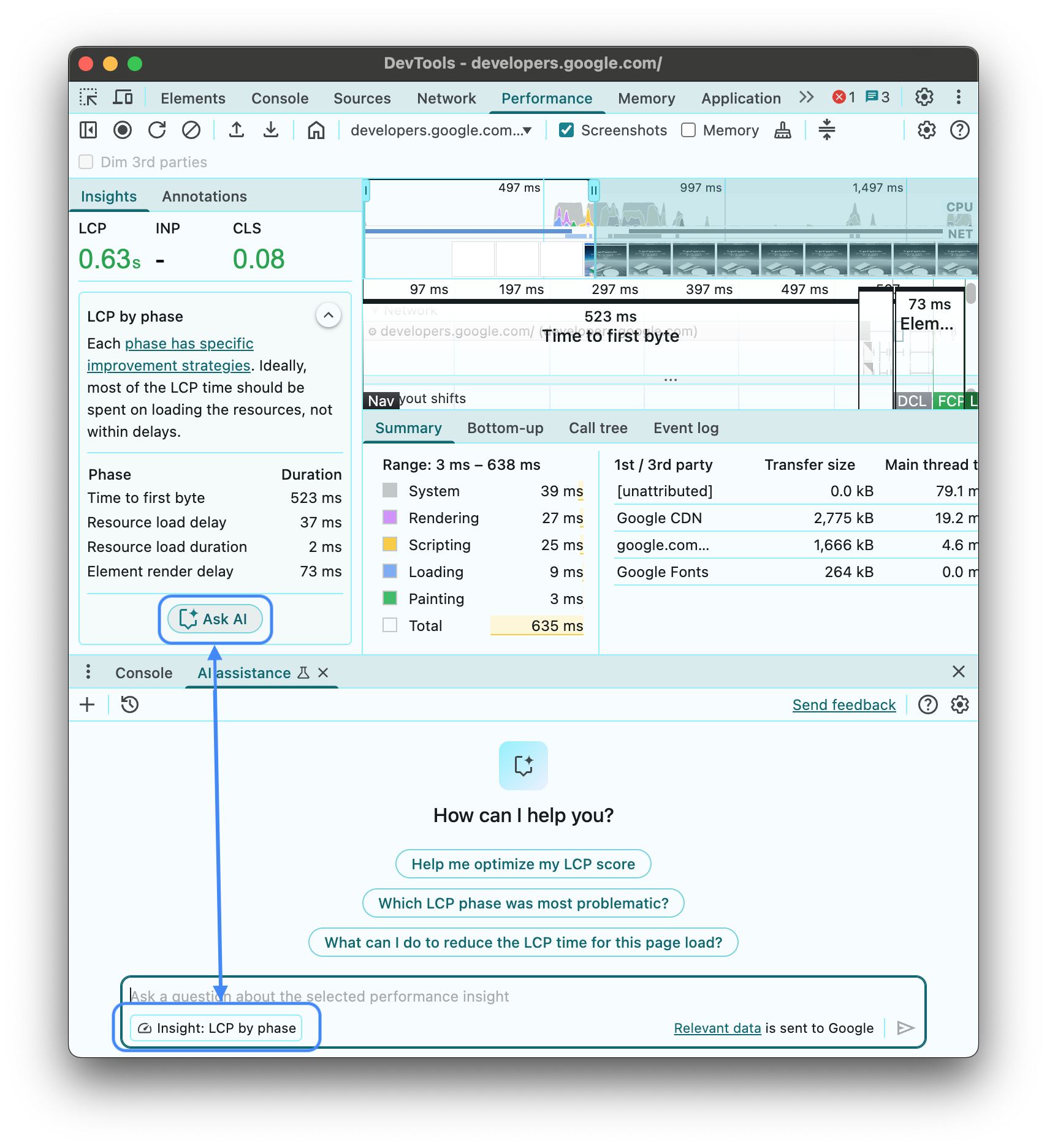 Insight sur les performances LCP en tant que contexte de conversation pour l&#39;assistance IA.