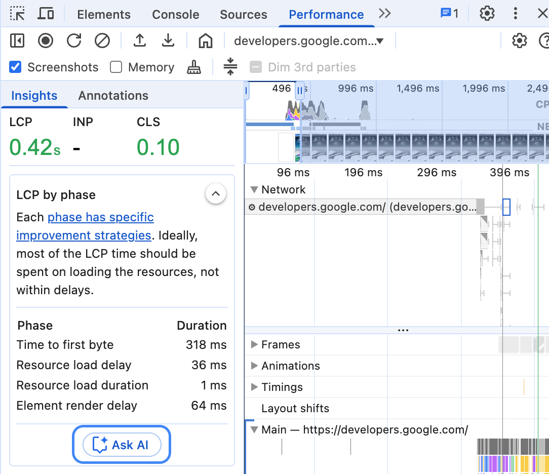 El botón &quot;Ask AI&quot; destacado debajo de la estadística de rendimiento del LCP.