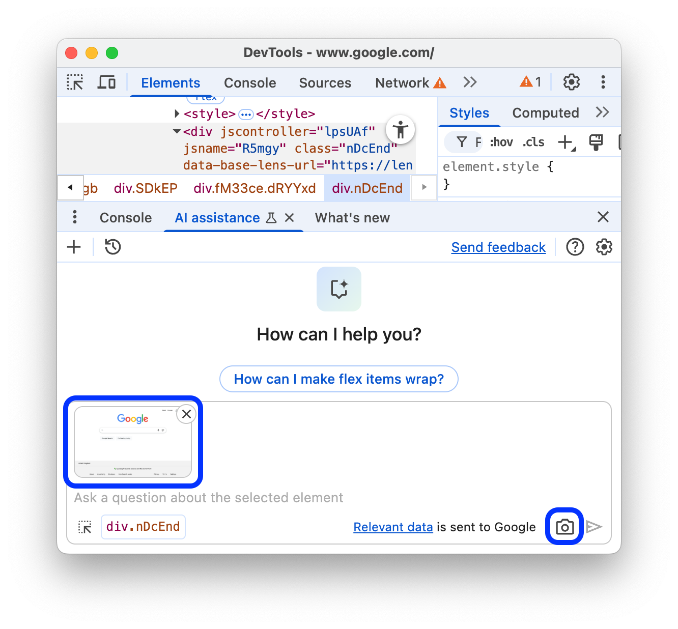 The 'Take screenshot button' and an attached screenshot in the input field.