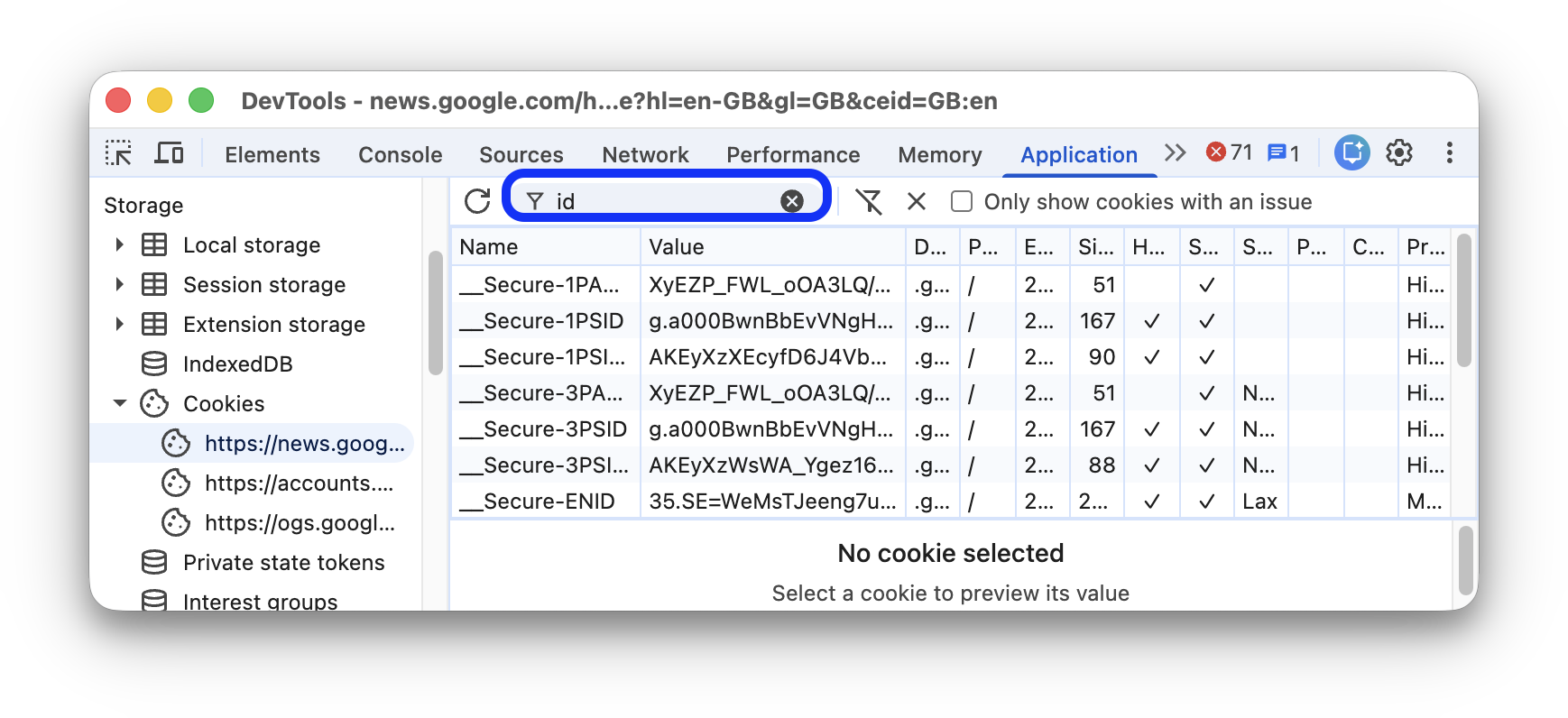 「id」を含まない Cookie を除外します。