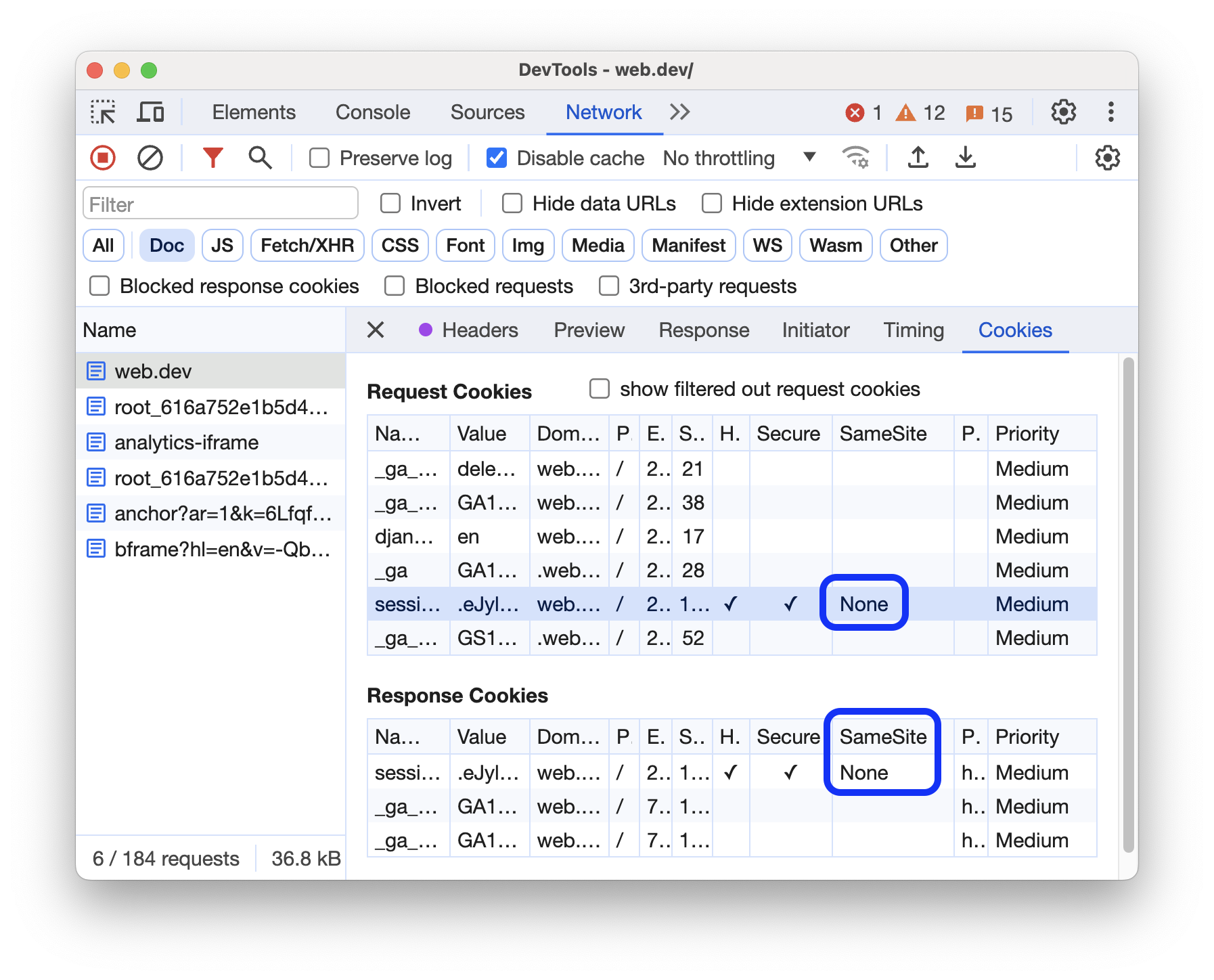 Cookies with the SameSite=None attribute in the Network panel.